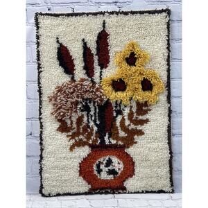 Vintage 70s Shag Unique Latch Hook Grannycore Rug Floral Wall Hanging Yarn Art